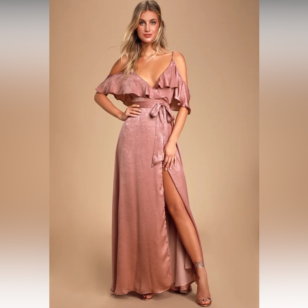 Rose Satin Cold-Shoulder Wrap Maxi Dress